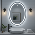 Espejo de baño LED ovalado Ondelle: aro con iluminación frontal + halo retroiluminado, antivaho | 24″×32″, 30″×36″