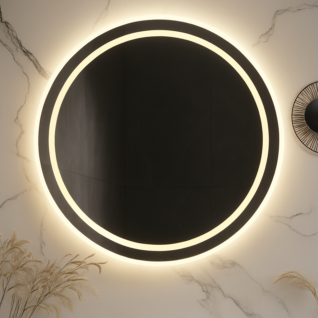 Ondelle Runder LED-Badezimmerspiegel – Frontbeleuchteter Ring + hinterleuchteter Halo, Antibeschlag, dimmbar | 24″, 28″, 32″