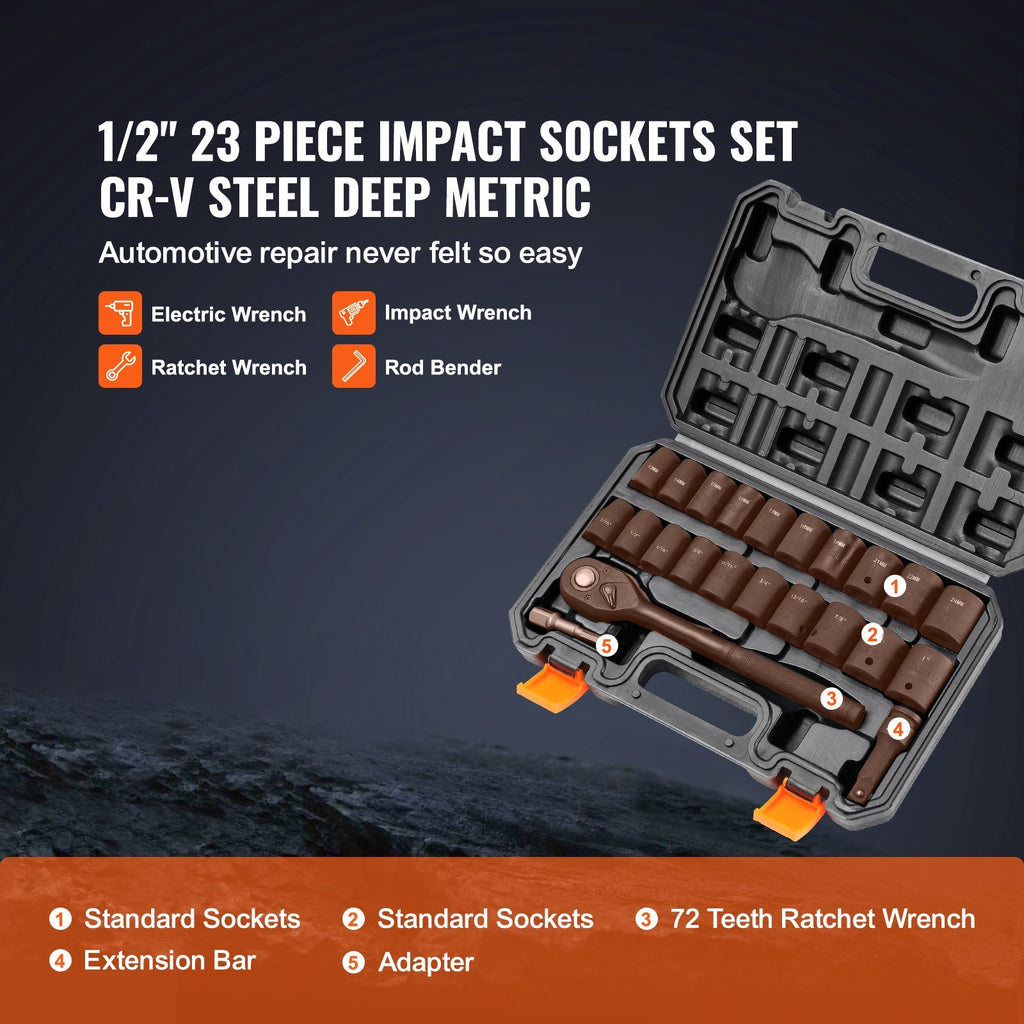 VEVOR Drive Impact Socket Set, 23 Piece Socket Set SAE 6 Point Cr-V Green Sir Loin