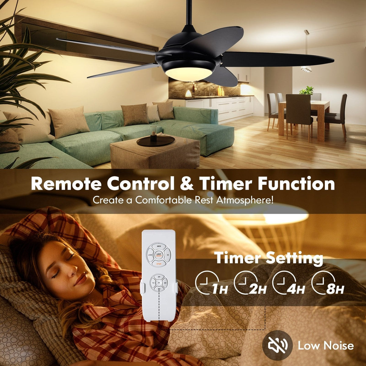 Ventilador de techo con luces y 3 tonos de luz - negro