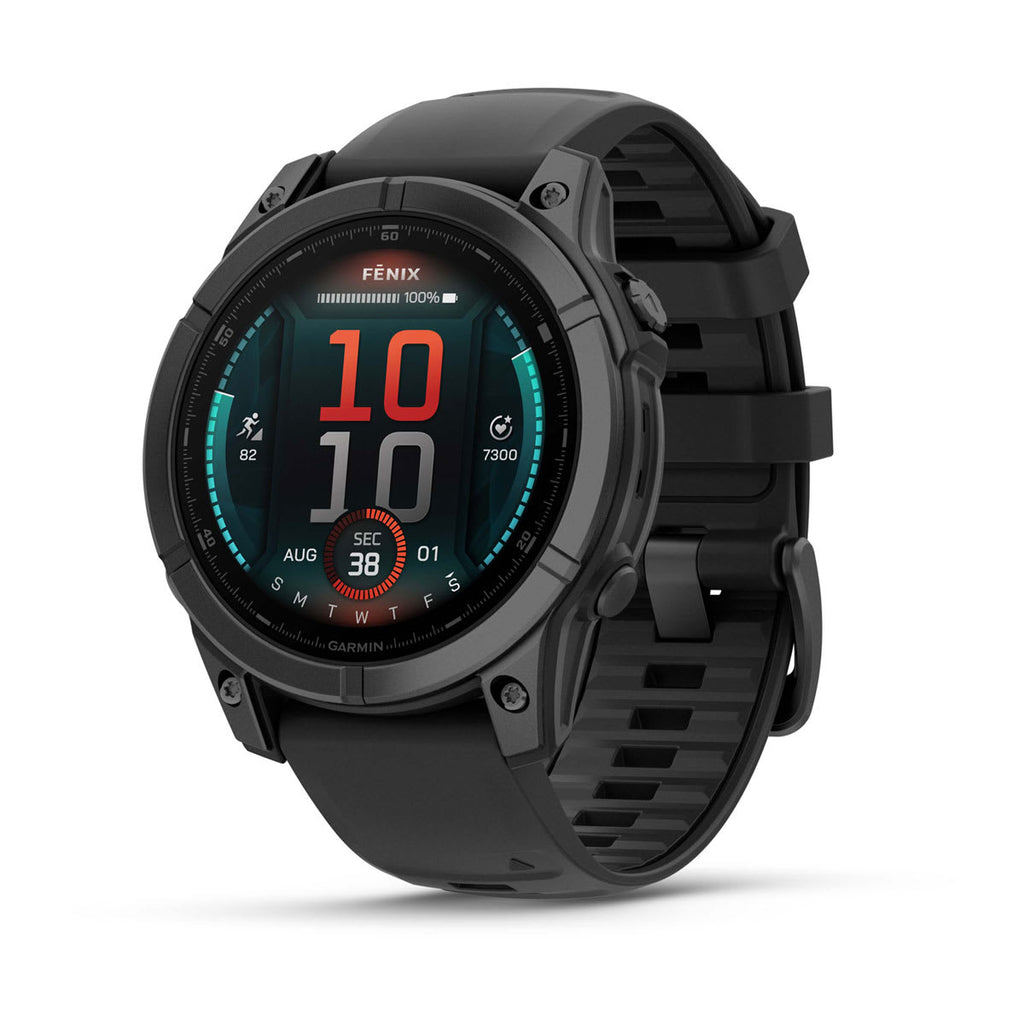 Fēnix® E – 47 mm, AMOLED Gris pizarra acero con correa de silicona negra