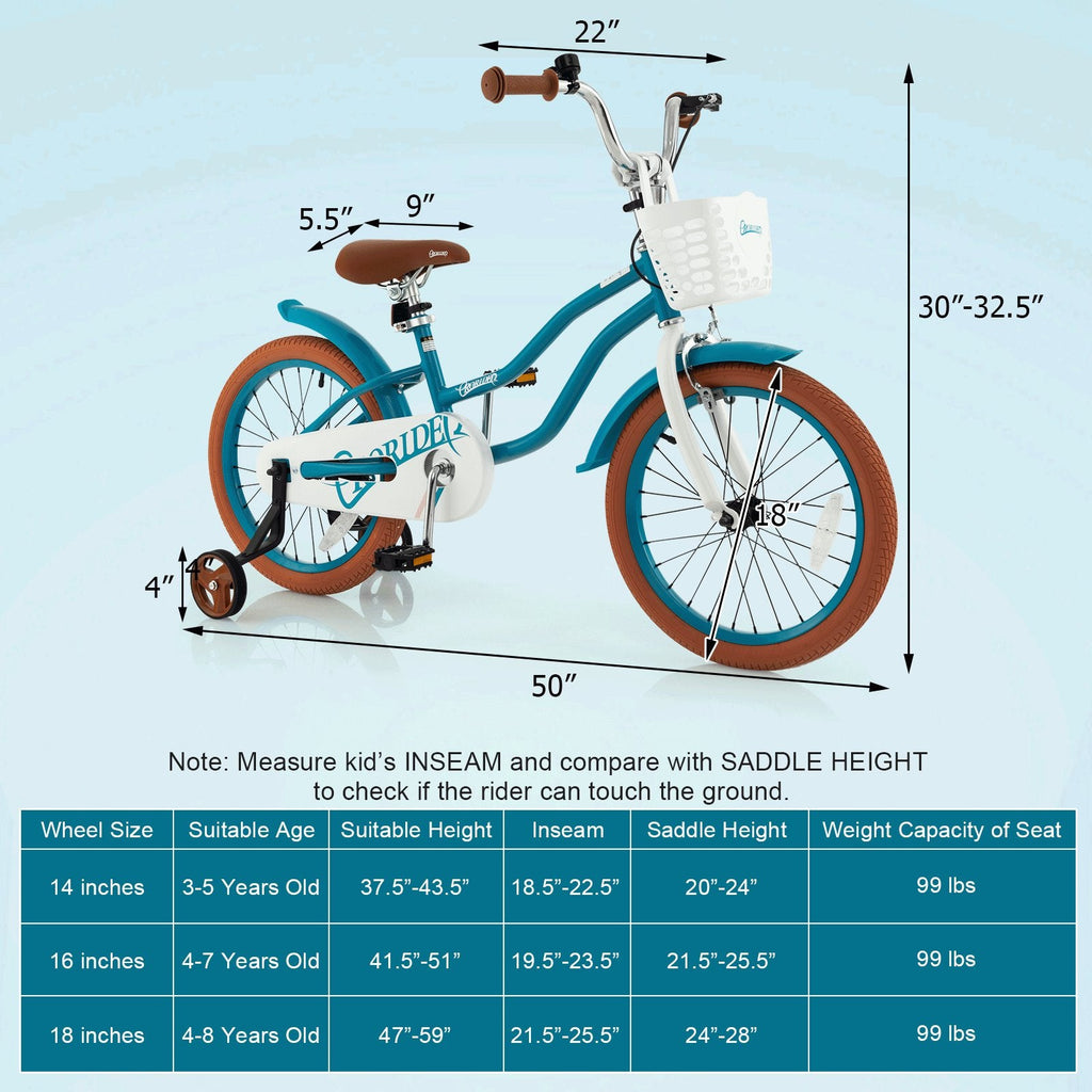Vélo pour enfant de 18 pouces avec frein avant manuel et frein à rétropédalage, turquoise