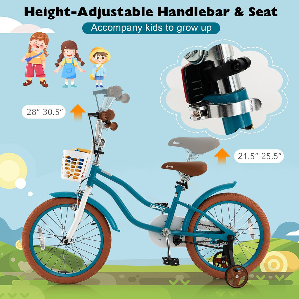 Vélo pour enfant de 18 pouces avec frein avant manuel et frein à rétropédalage, turquoise