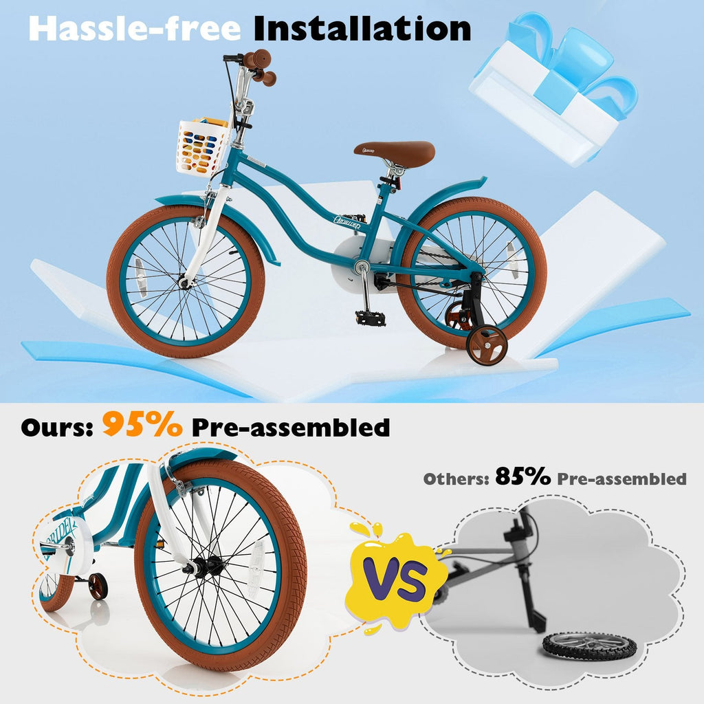 Vélo pour enfant de 18 pouces avec frein avant manuel et frein à rétropédalage, turquoise