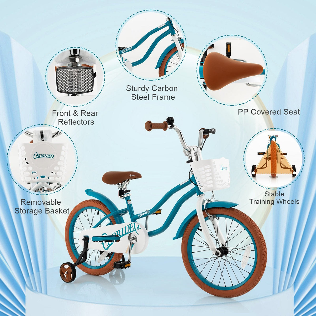 Vélo pour enfant de 18 pouces avec frein avant manuel et frein à rétropédalage, turquoise