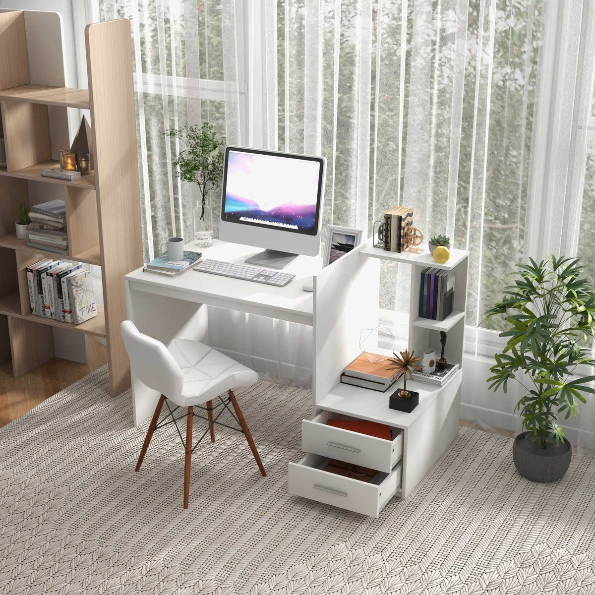 Bureau d'ordinateur de maison avec étagère à livres et tiroirs-Blanc