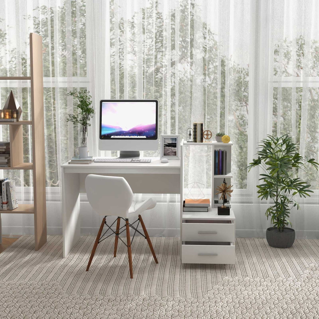 Bureau d'ordinateur de maison avec étagère à livres et tiroirs-Blanc