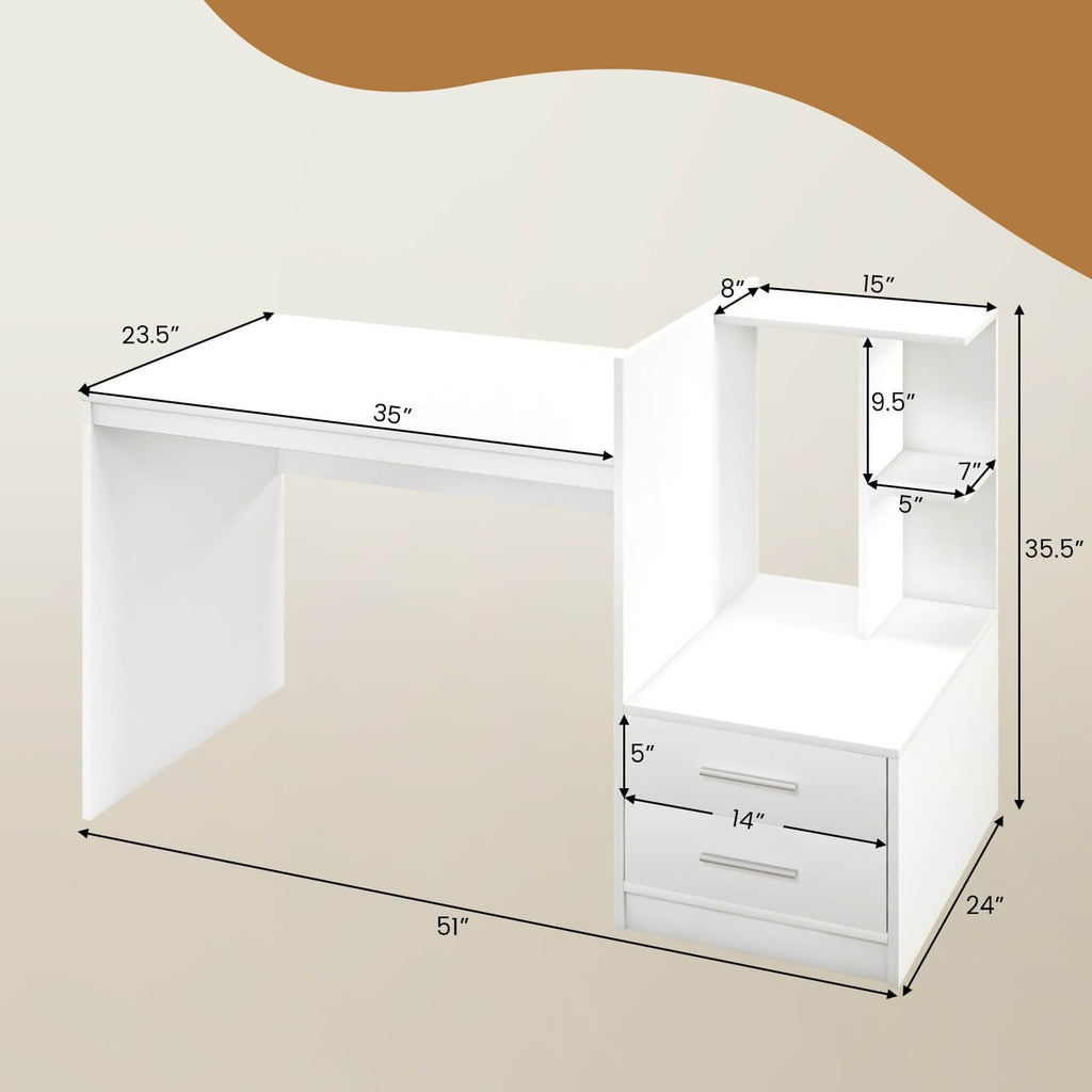 Bureau d'ordinateur de maison avec étagère à livres et tiroirs-Blanc