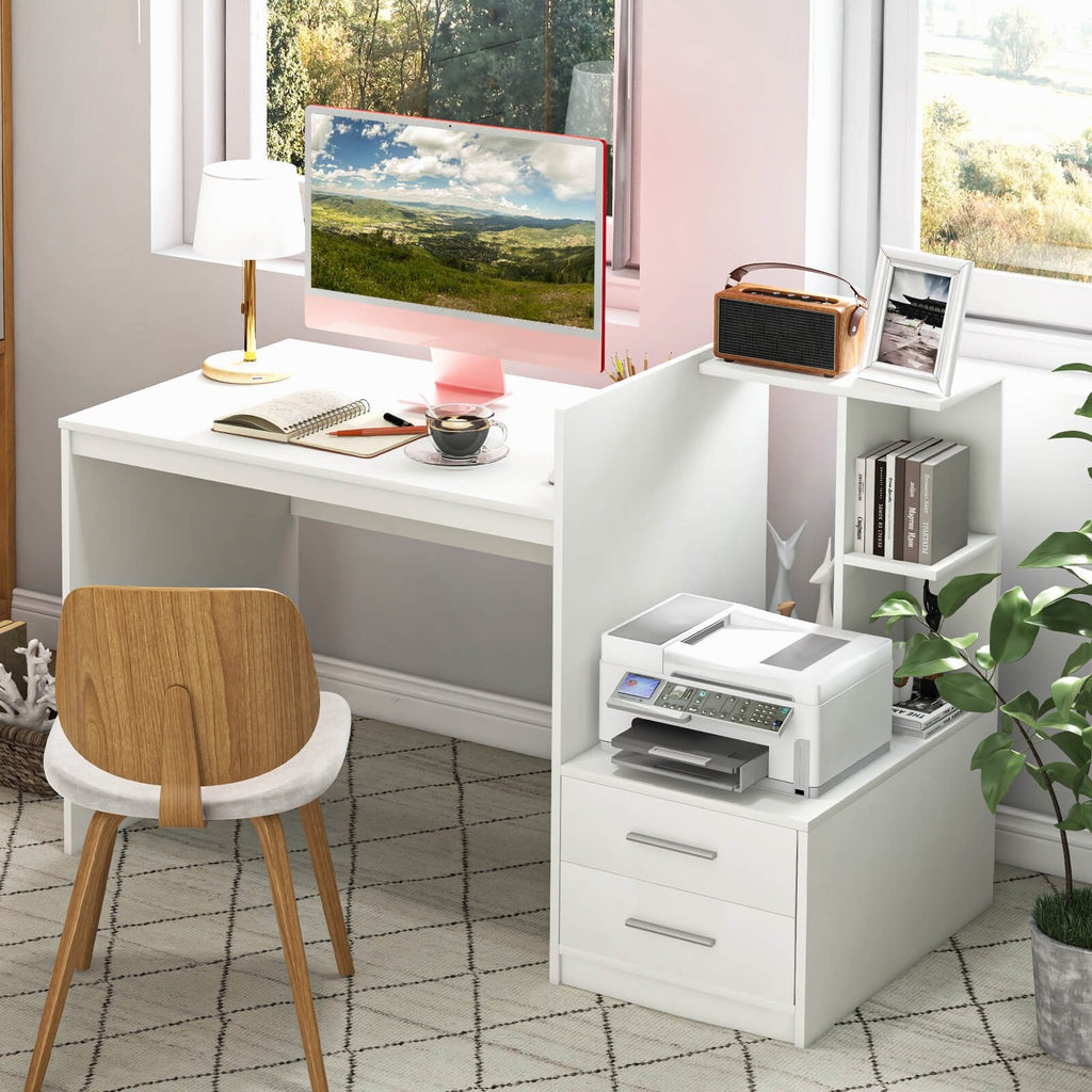 Bureau d'ordinateur de maison avec étagère à livres et tiroirs-Blanc