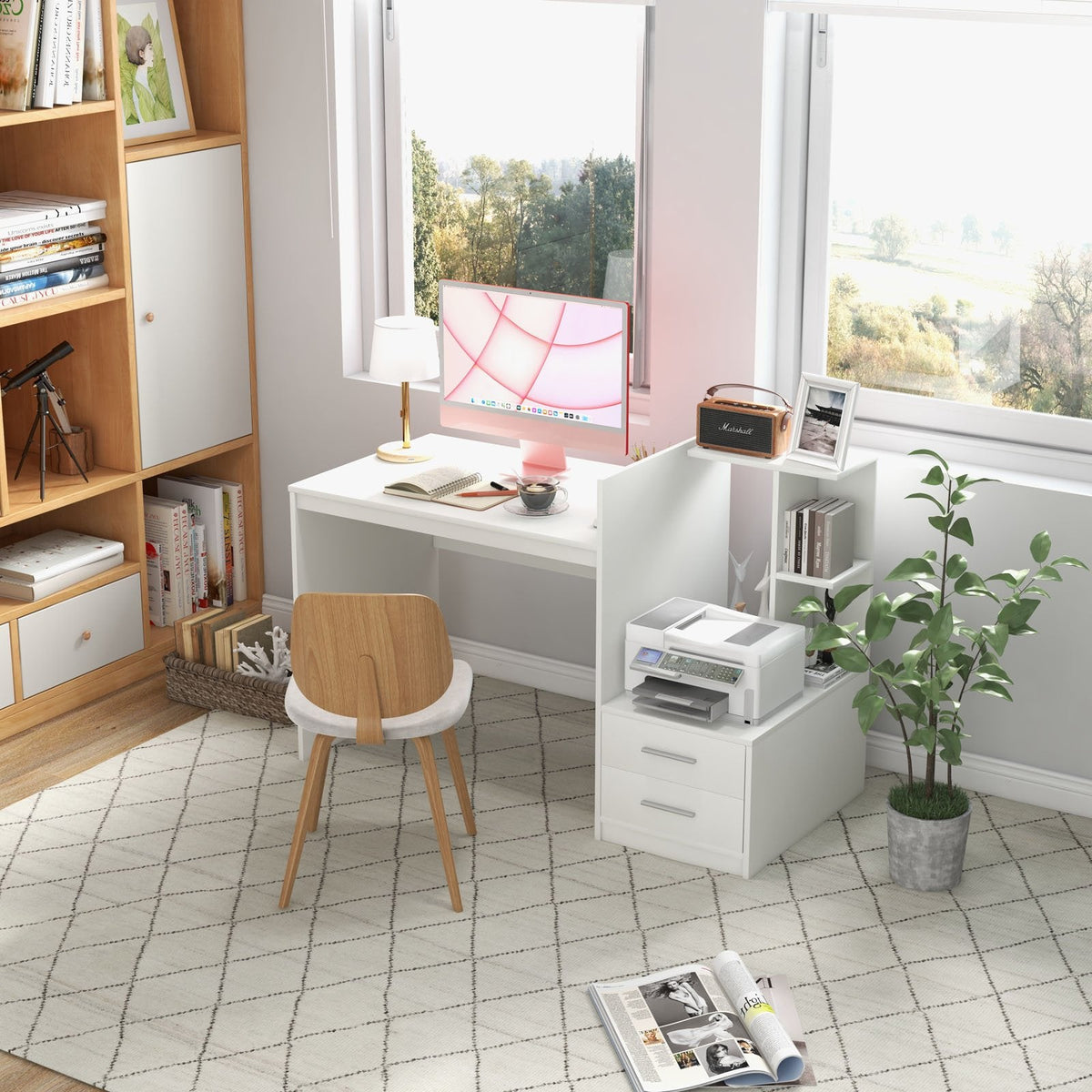Bureau d'ordinateur de maison avec étagère à livres et tiroirs-Blanc