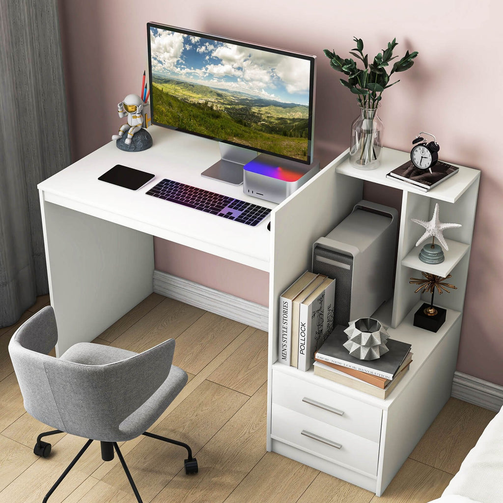 Bureau d'ordinateur de maison avec étagère à livres et tiroirs-Blanc