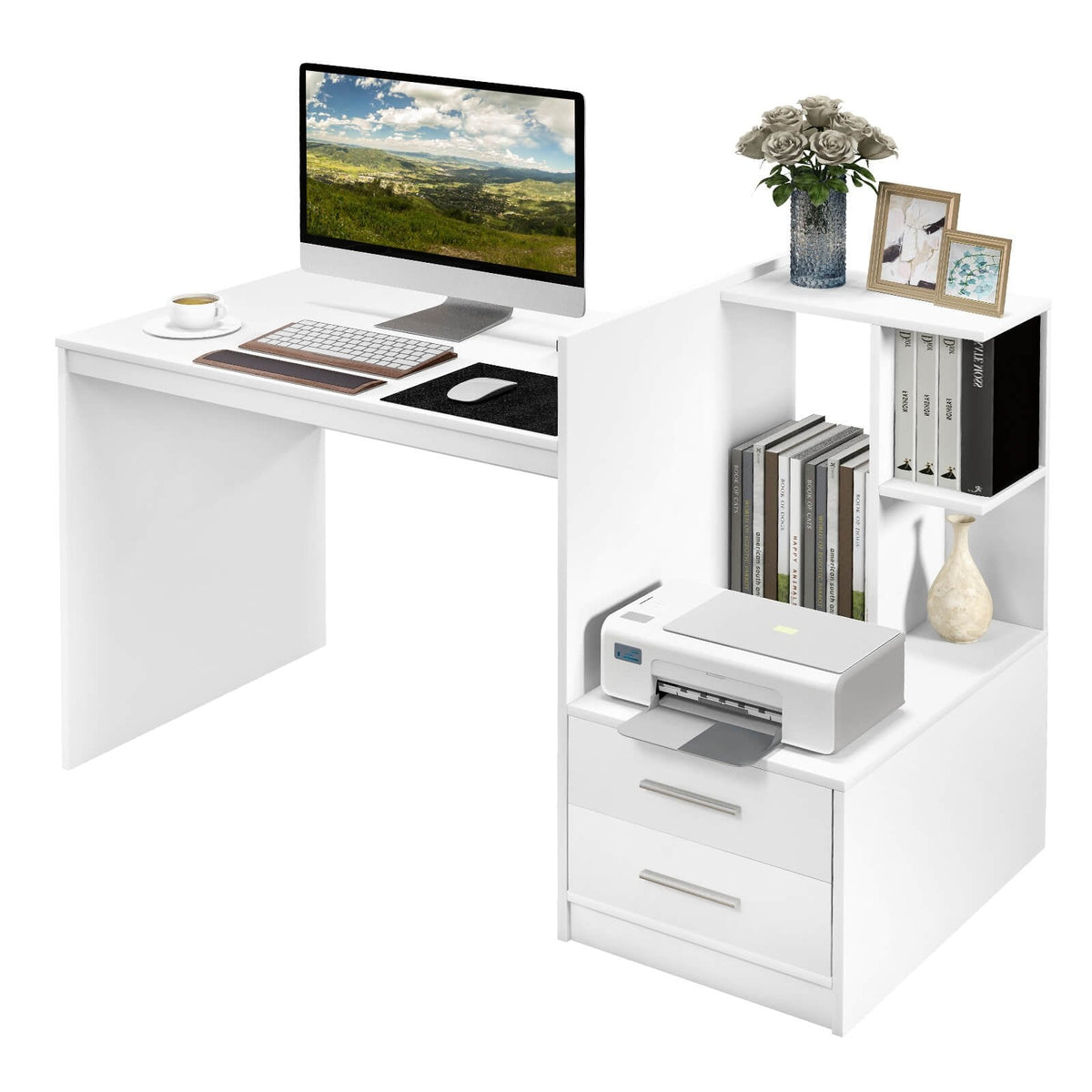 Bureau d'ordinateur de maison avec étagère à livres et tiroirs-Blanc