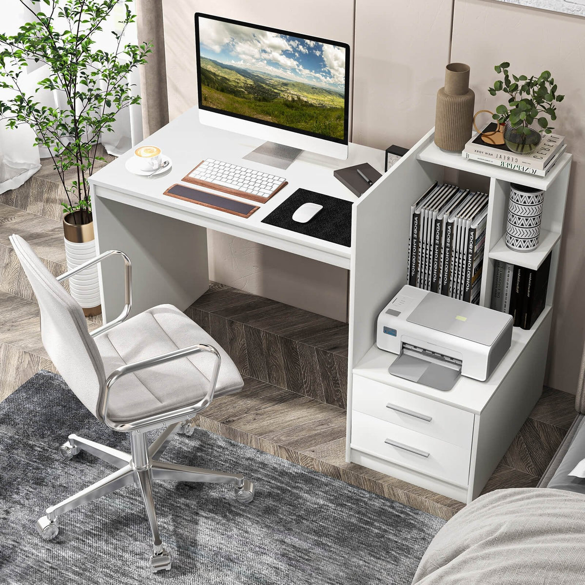 Bureau d'ordinateur de maison avec étagère à livres et tiroirs-Blanc