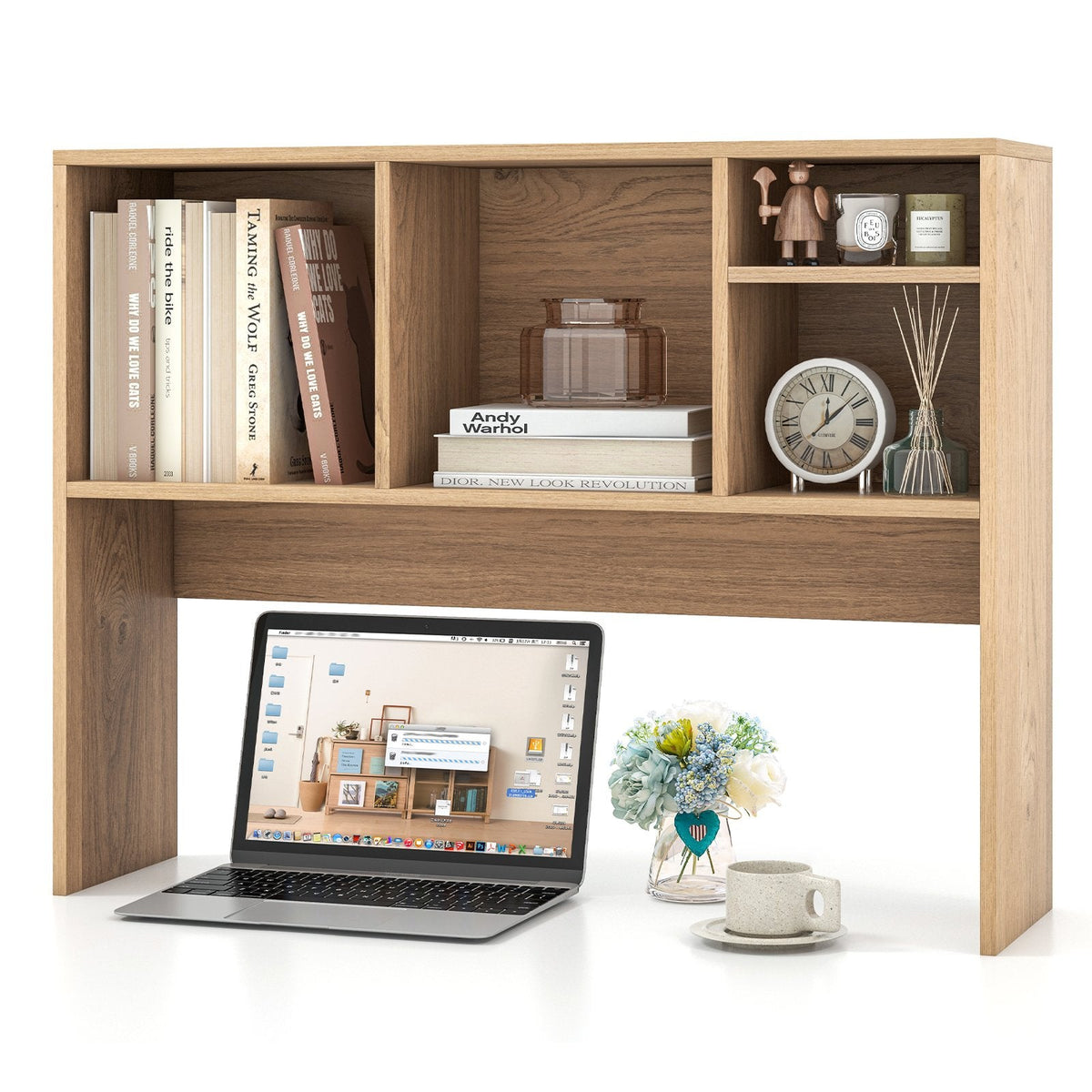 Schreibtisch-Bücherregalaufsatz, 94 cm, mit 4 Fächern und offenem Rückenfach, Naturholzoptik
