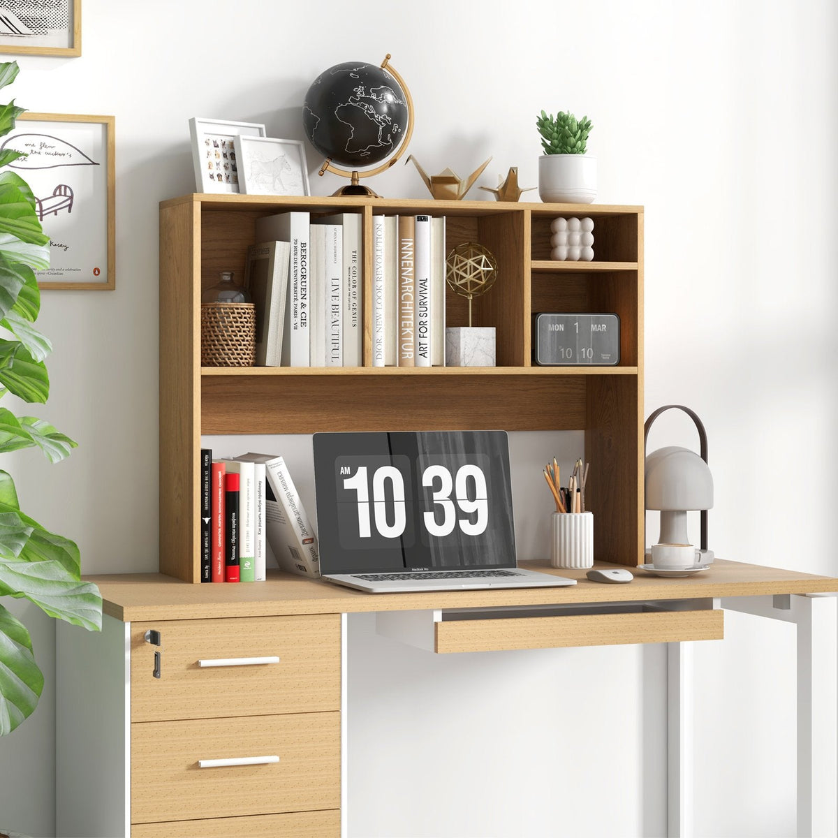 Schreibtisch-Bücherregalaufsatz, 94 cm, mit 4 Fächern und offenem Rückenfach, Naturholzoptik