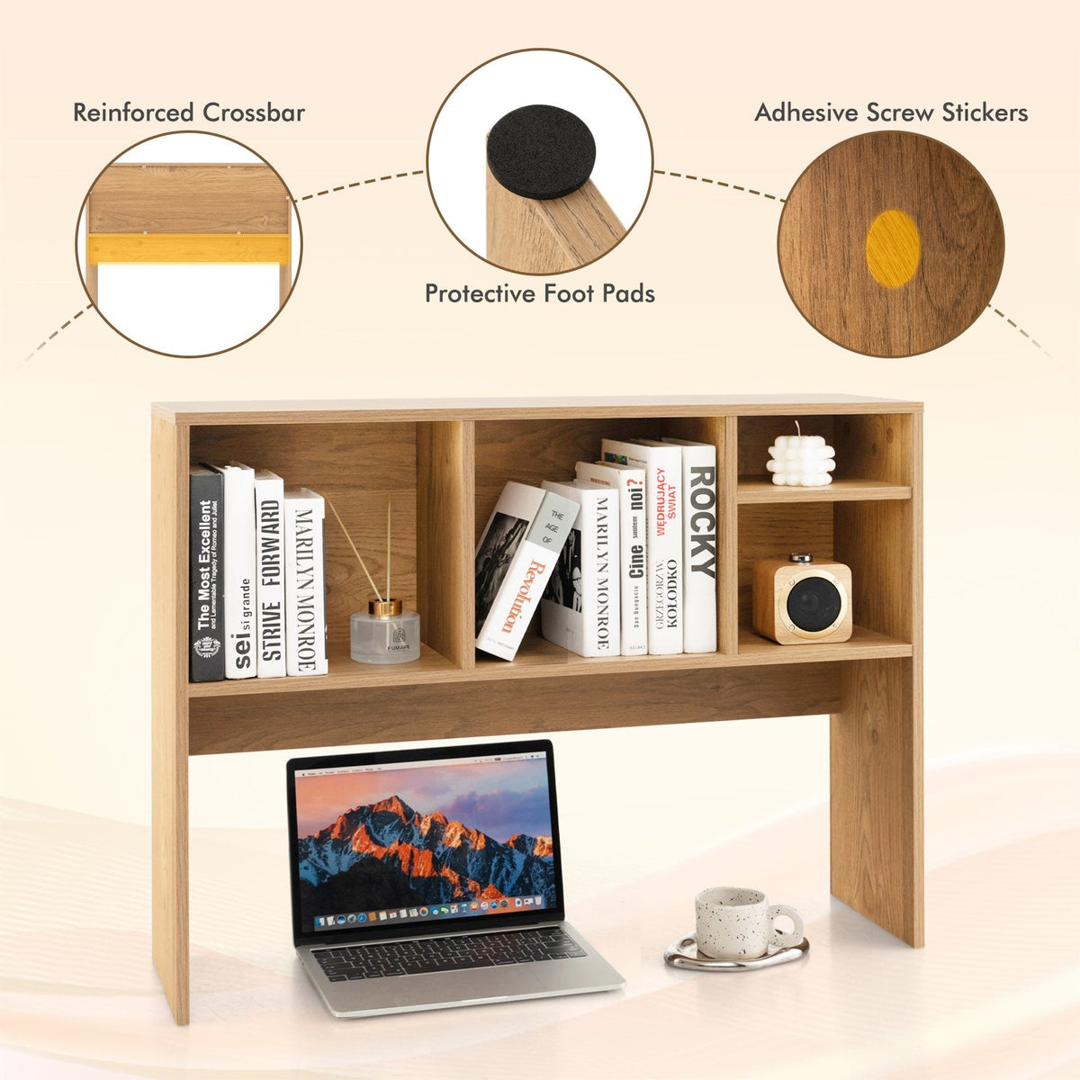 Schreibtisch-Bücherregalaufsatz, 94 cm, mit 4 Fächern und offenem Rückenfach, Naturholzoptik
