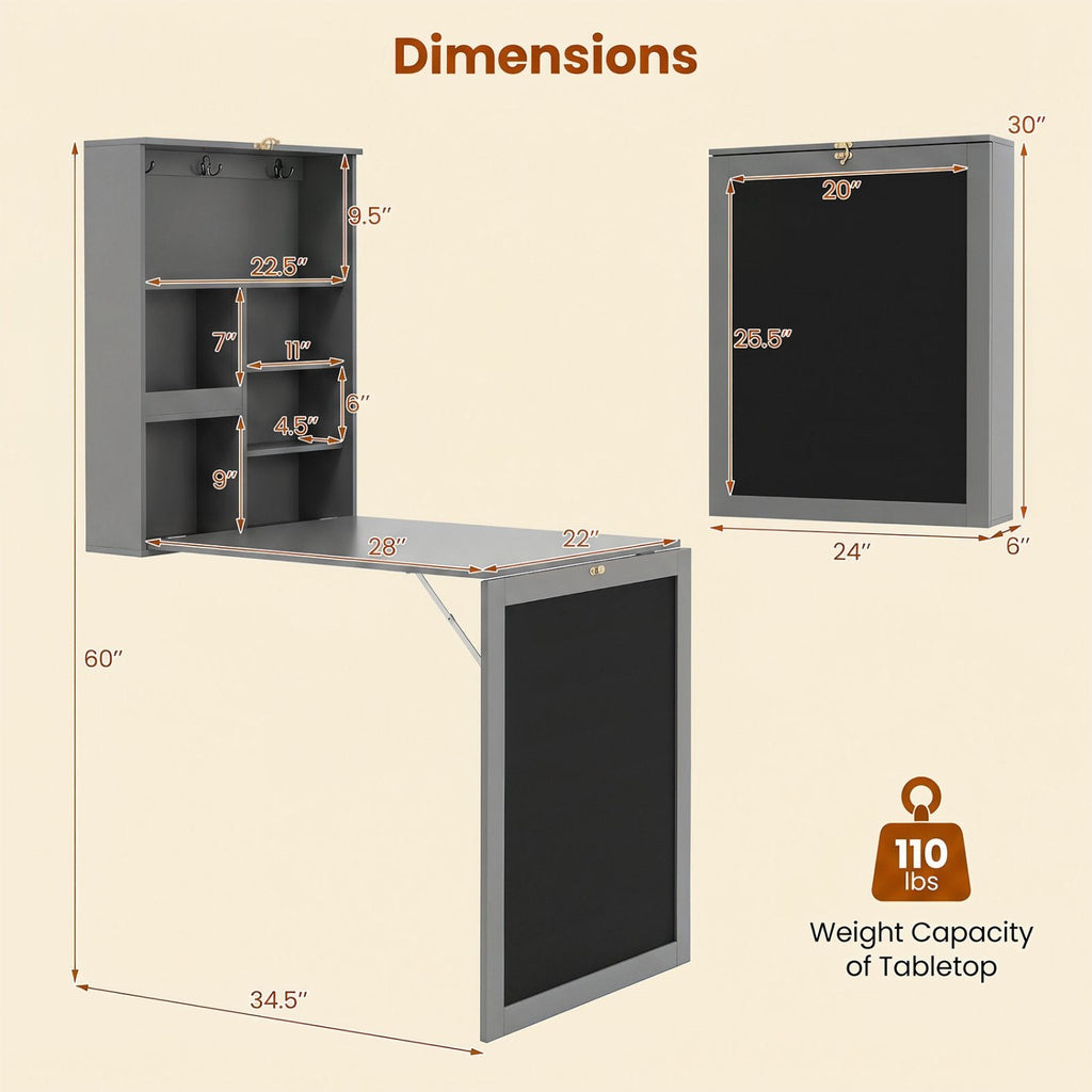 Mesa abatible de pared con pizarra - Gris