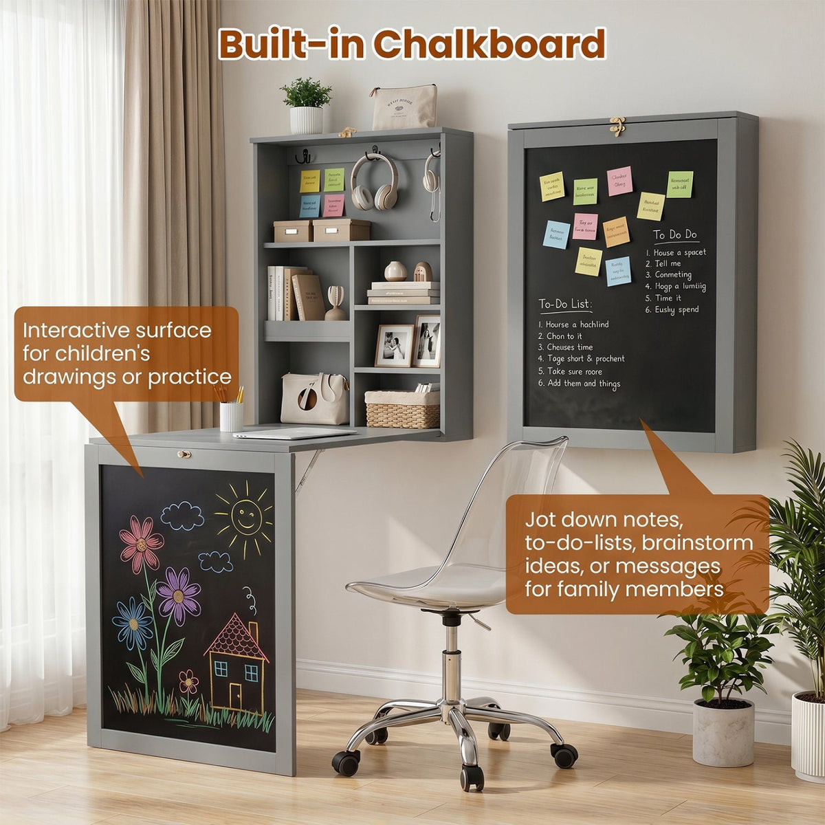 Mesa abatible de pared con pizarra - Gris