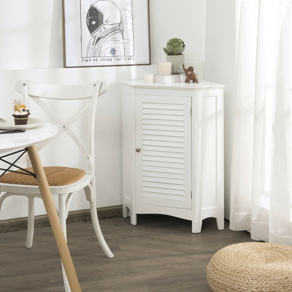 Meuble de rangement d'angle, meuble de salle de bain autoportant avec porte persienne