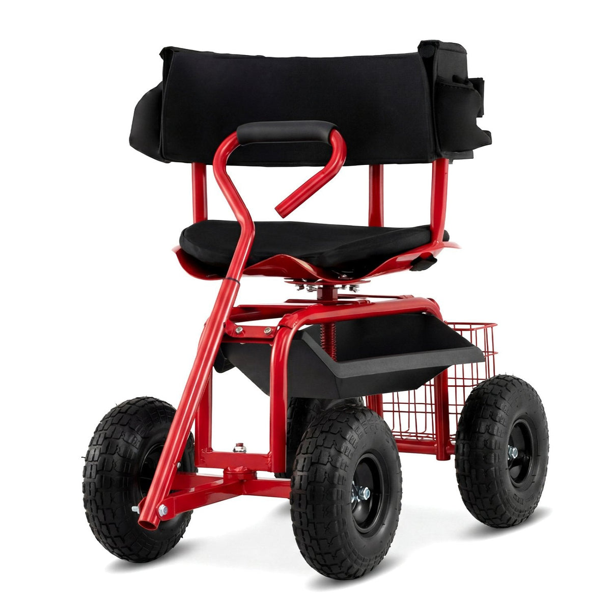 Gepolsterter, rollender Gartensitz mit Ablagekorb und Werkzeugtasche – Schwarz und Rot