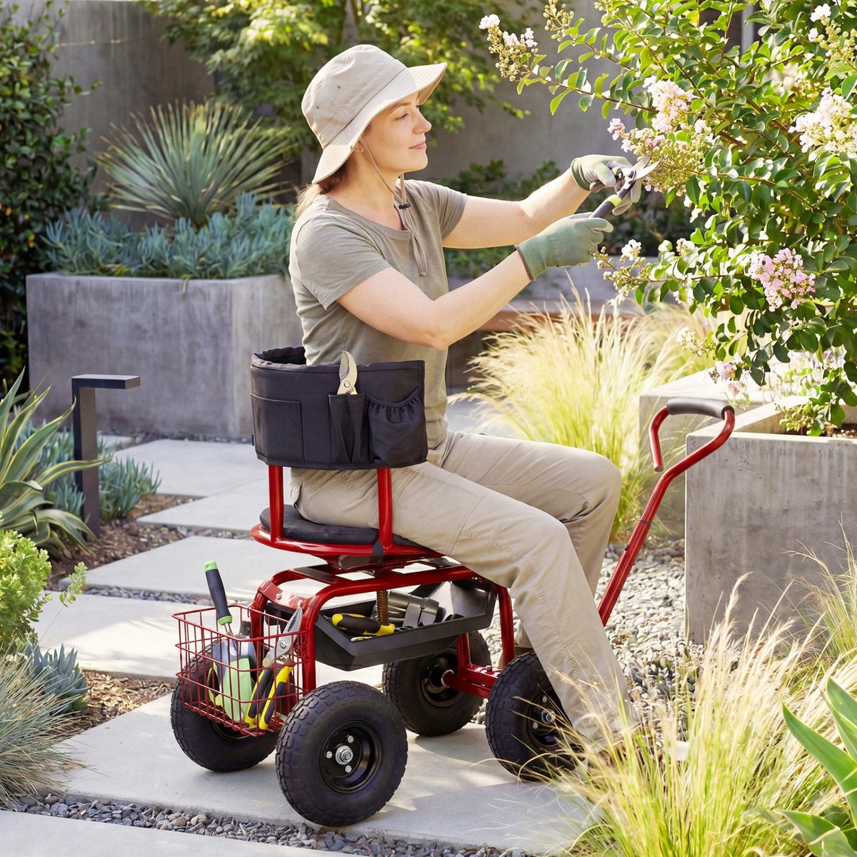 Gepolsterter, rollender Gartensitz mit Ablagekorb und Werkzeugtasche – Schwarz und Rot