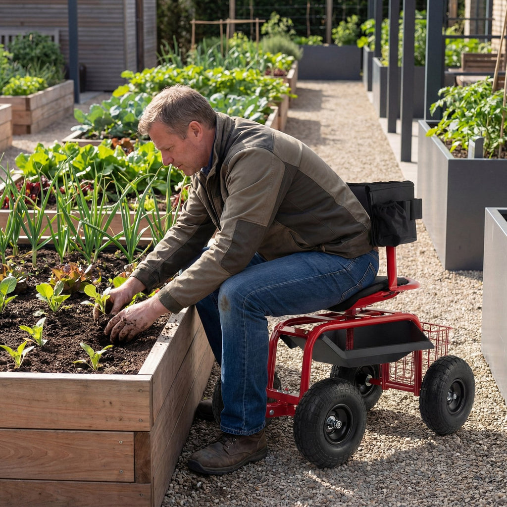 Gepolsterter, rollender Gartensitz mit Ablagekorb und Werkzeugtasche – Schwarz und Rot