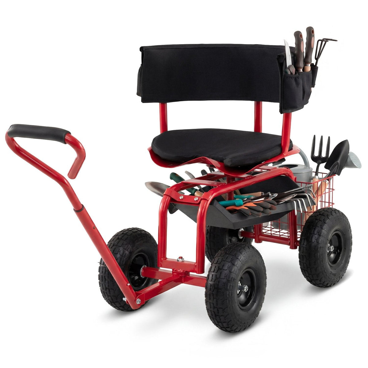 Gepolsterter, rollender Gartensitz mit Ablagekorb und Werkzeugtasche – Schwarz und Rot