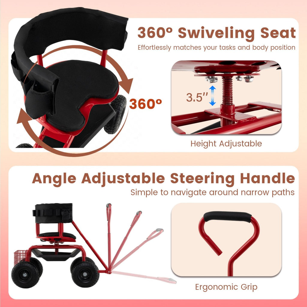 Gepolsterter, rollender Gartensitz mit Ablagekorb und Werkzeugtasche – Schwarz und Rot