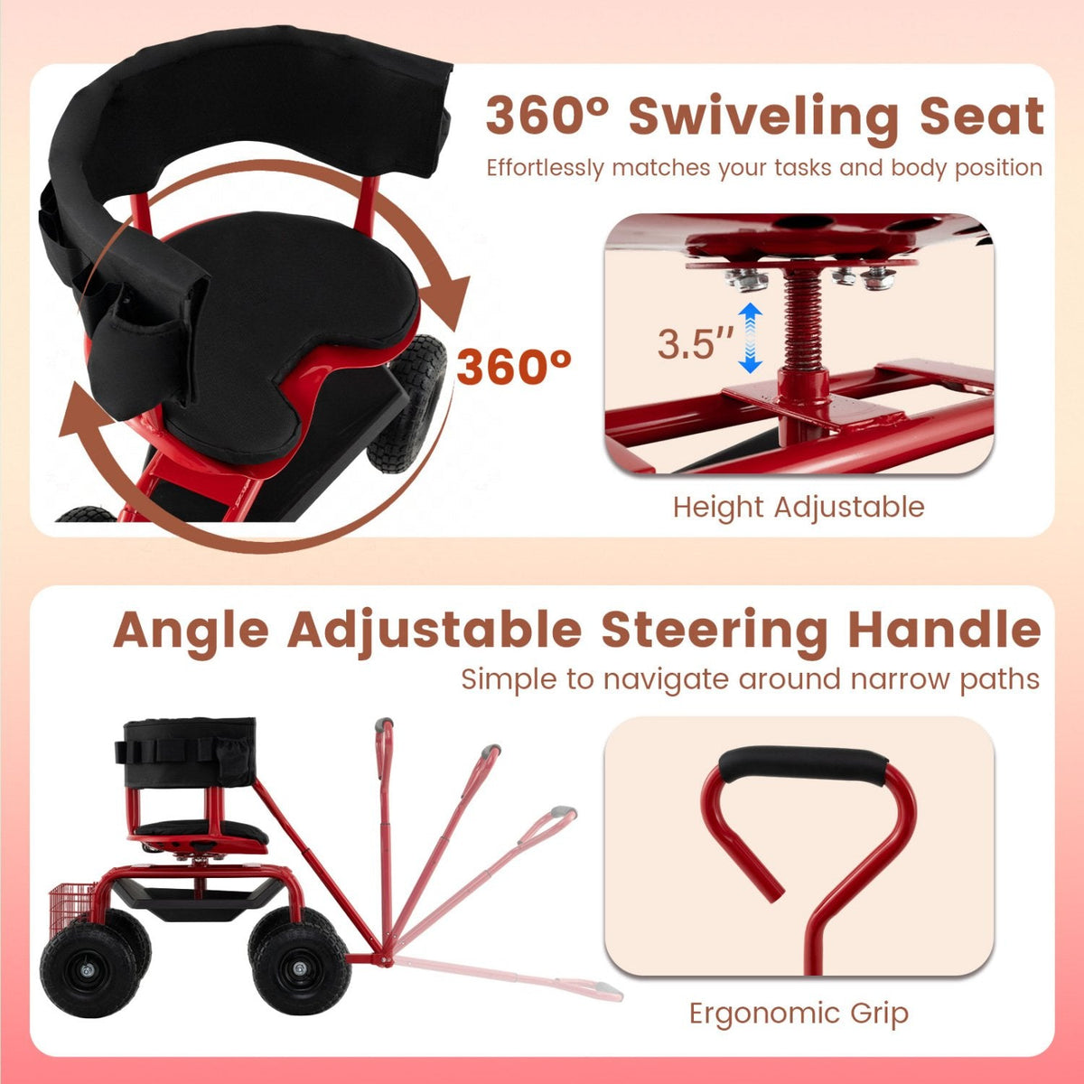 Gepolsterter, rollender Gartensitz mit Ablagekorb und Werkzeugtasche – Schwarz und Rot