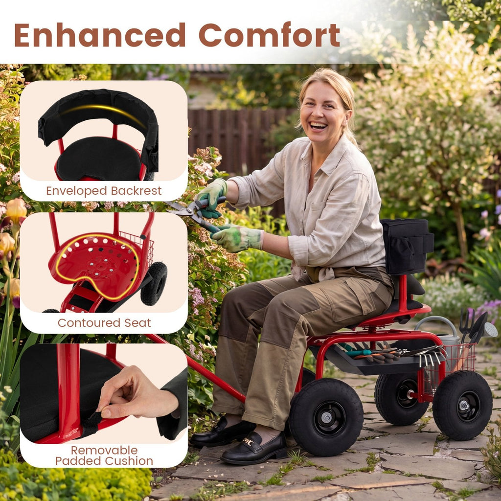 Gepolsterter, rollender Gartensitz mit Ablagekorb und Werkzeugtasche – Schwarz und Rot
