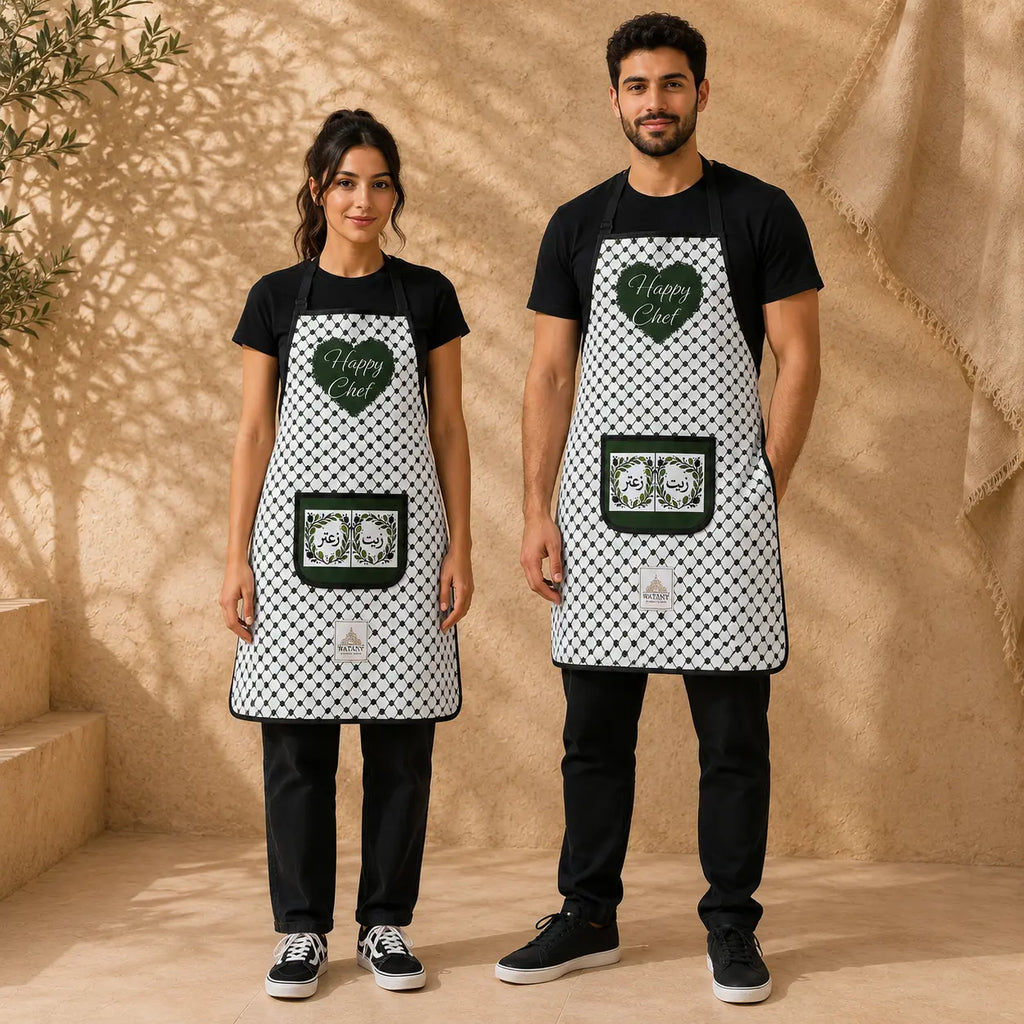 Palestinian Keffiyeh Happy Chef Apron – Olive Oil & Za'atar Pocket - Large