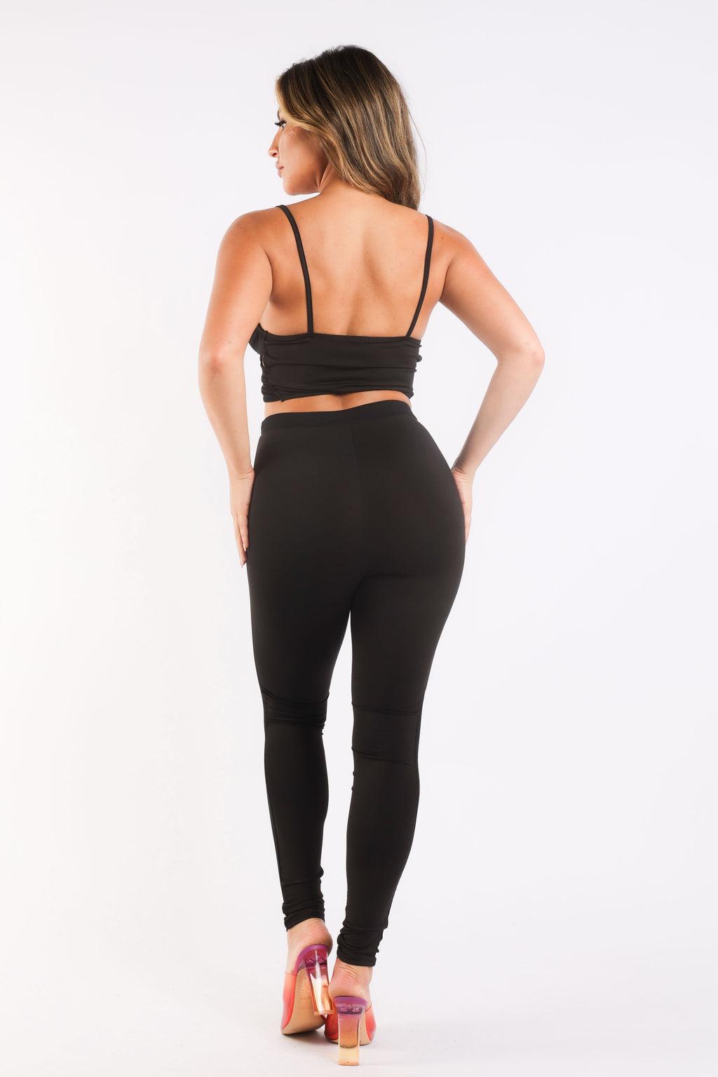 Mesh Contrast Sets Casual Sports Strappy Sleeve Top & Leggings BLACK Puce Juniper