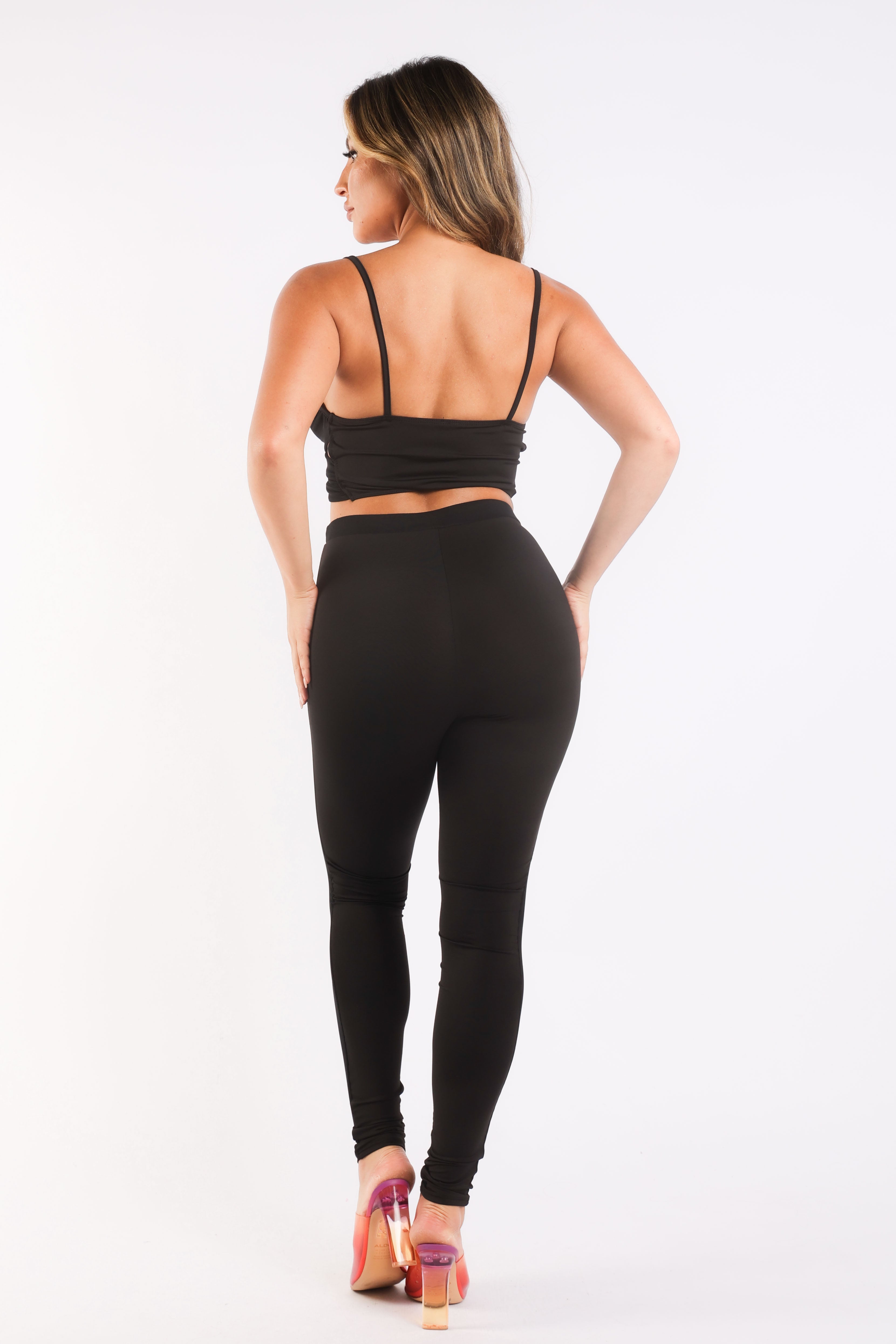 Mesh Contrast Sets Casual Sports Strappy Sleeve Top & Leggings BLACK Puce Juniper