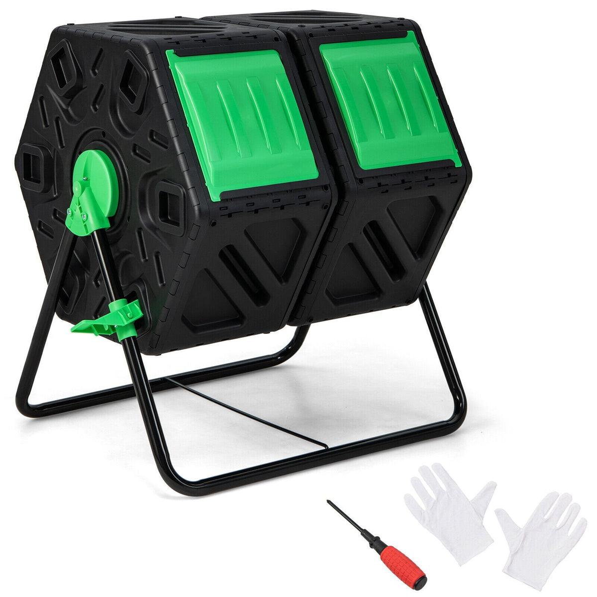 Compostador giratorio de doble cámara para jardín con puertas correderas - Negro y verde