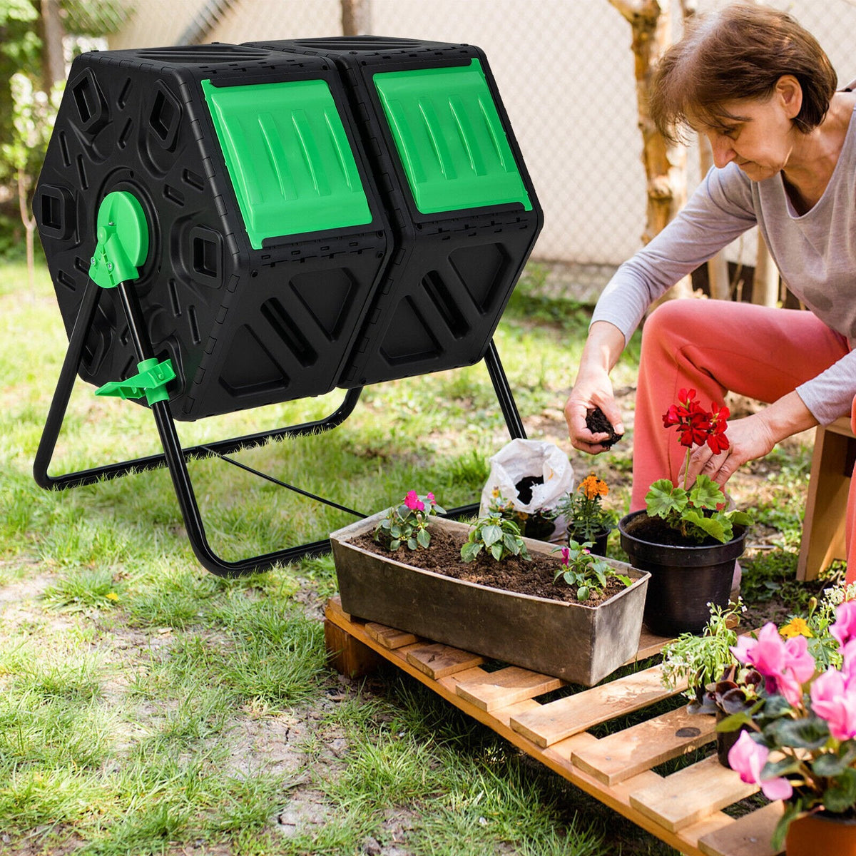 Compostador giratorio de doble cámara para jardín con puertas correderas - Negro y verde