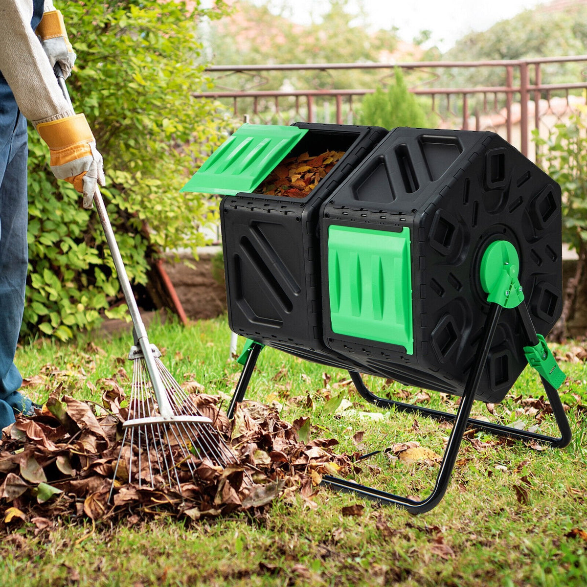 Compostador giratorio de doble cámara para jardín con puertas correderas - Negro y verde