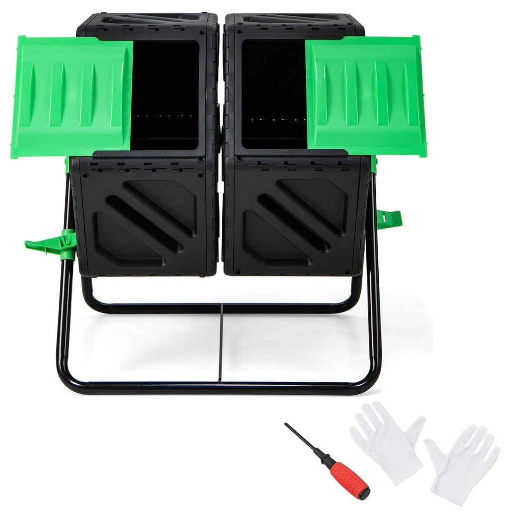 Compostador giratorio de doble cámara para jardín con puertas correderas - Negro y verde
