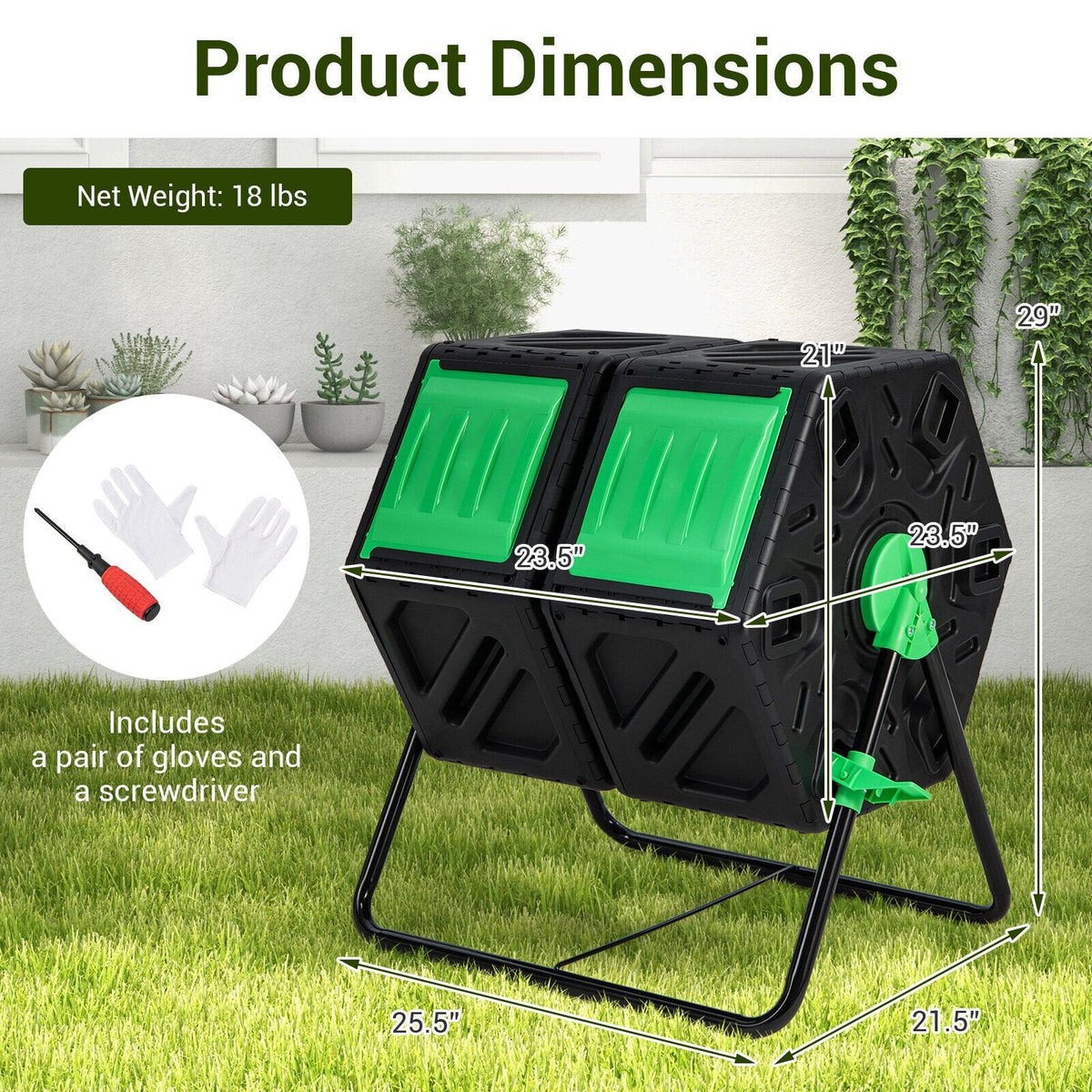 Compostador giratorio de doble cámara para jardín con puertas correderas - Negro y verde