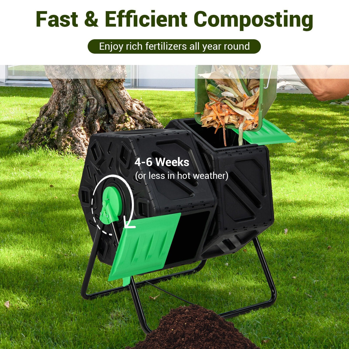Compostador giratorio de doble cámara para jardín con puertas correderas - Negro y verde