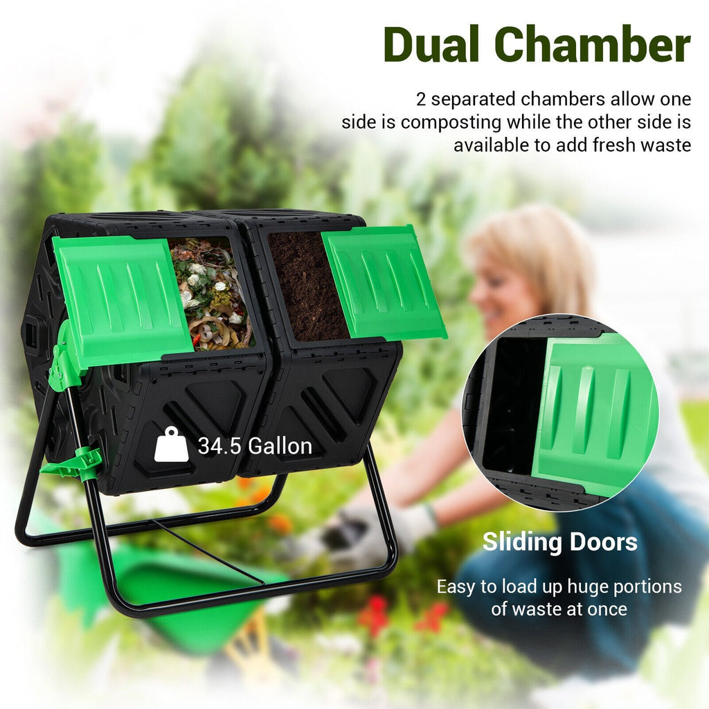 Compostador giratorio de doble cámara para jardín con puertas correderas - Negro y verde