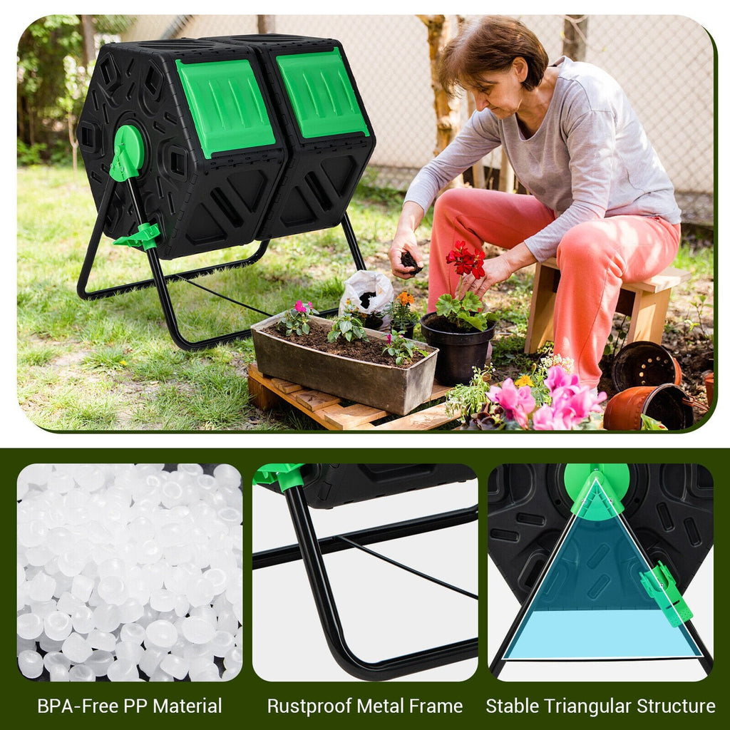 Compostador giratorio de doble cámara para jardín con puertas correderas - Negro y verde