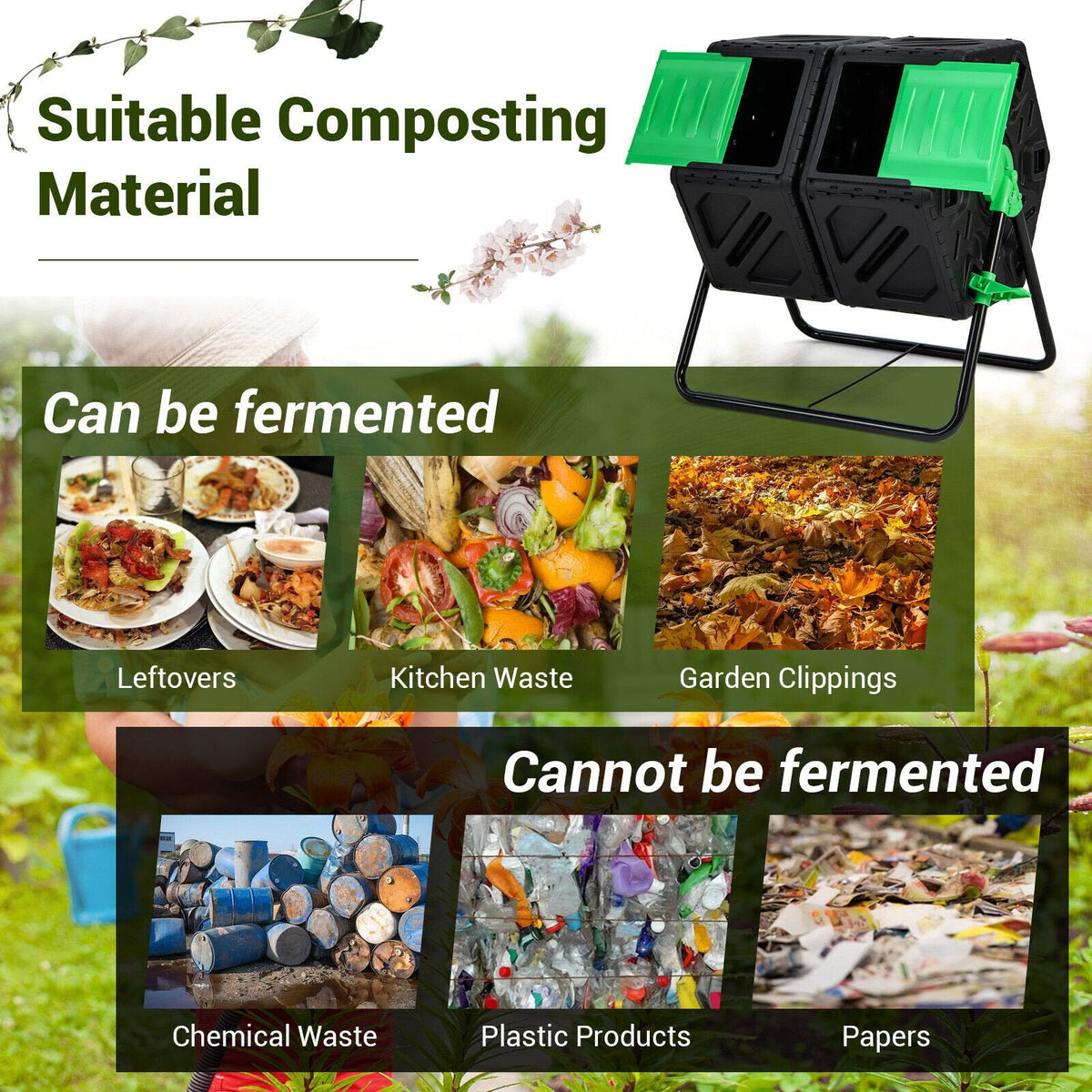 Compostador giratorio de doble cámara para jardín con puertas correderas - Negro y verde
