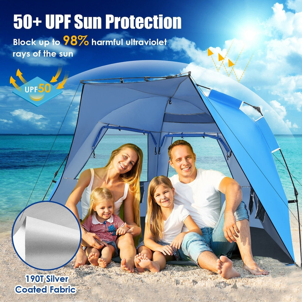 Tienda de campaña de playa emergente fácil, refugio solar portátil con protección UPF 50+, azul, para 3-4 personas