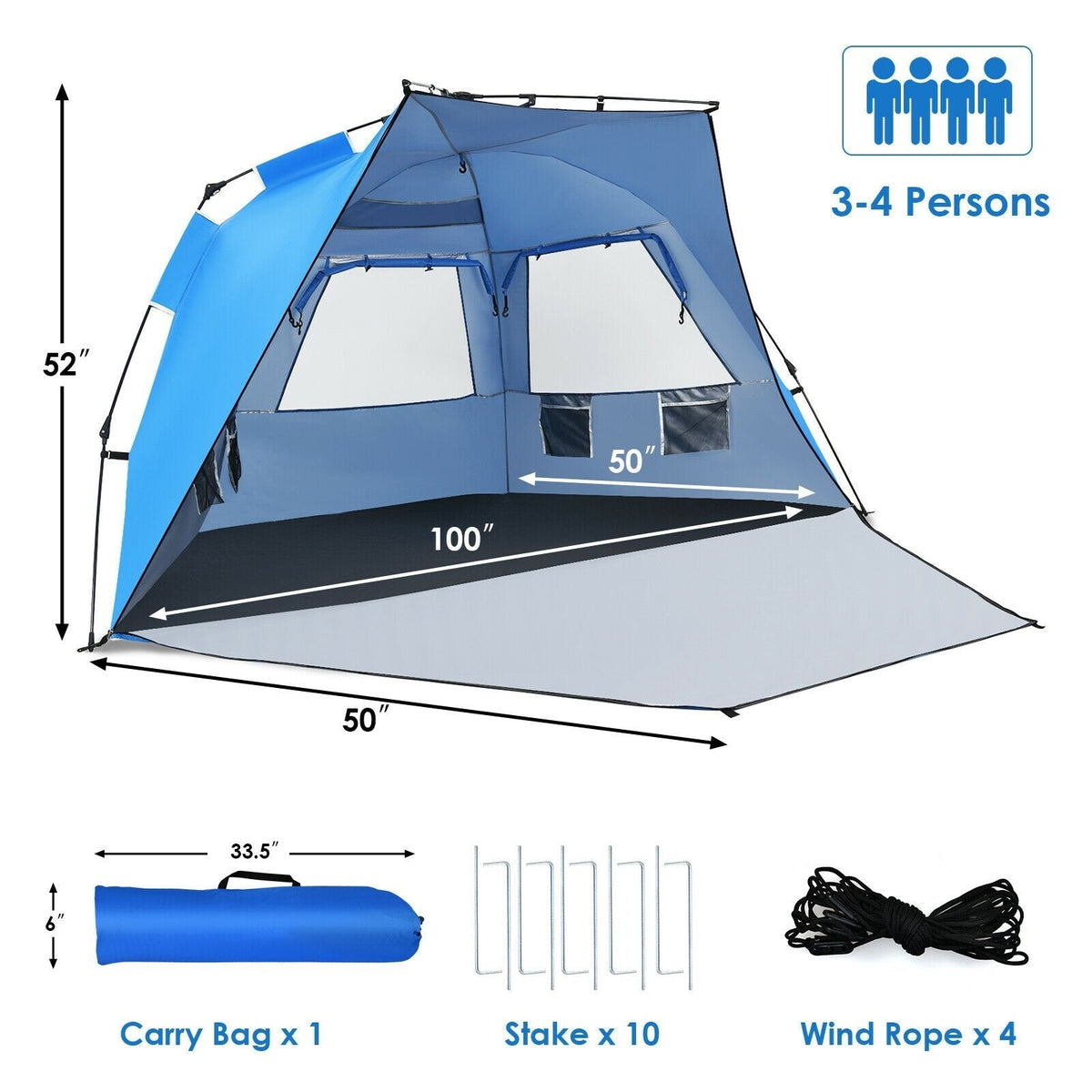Tienda de campaña de playa emergente fácil, refugio solar portátil con protección UPF 50+, azul, para 3-4 personas