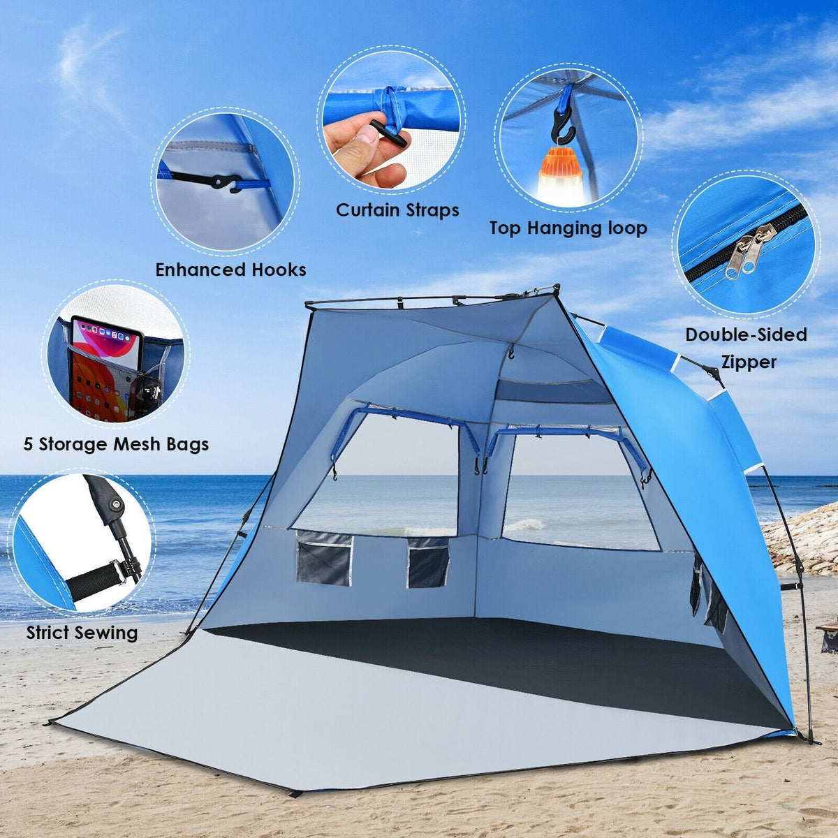 Tienda de campaña de playa emergente fácil, refugio solar portátil con protección UPF 50+, azul, para 3-4 personas