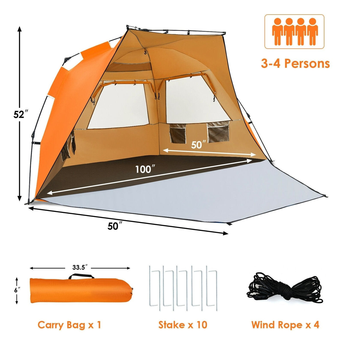 Tienda de playa fácil de montar, protección solar UPF 50+, portátil, para 3-4 personas - naranja