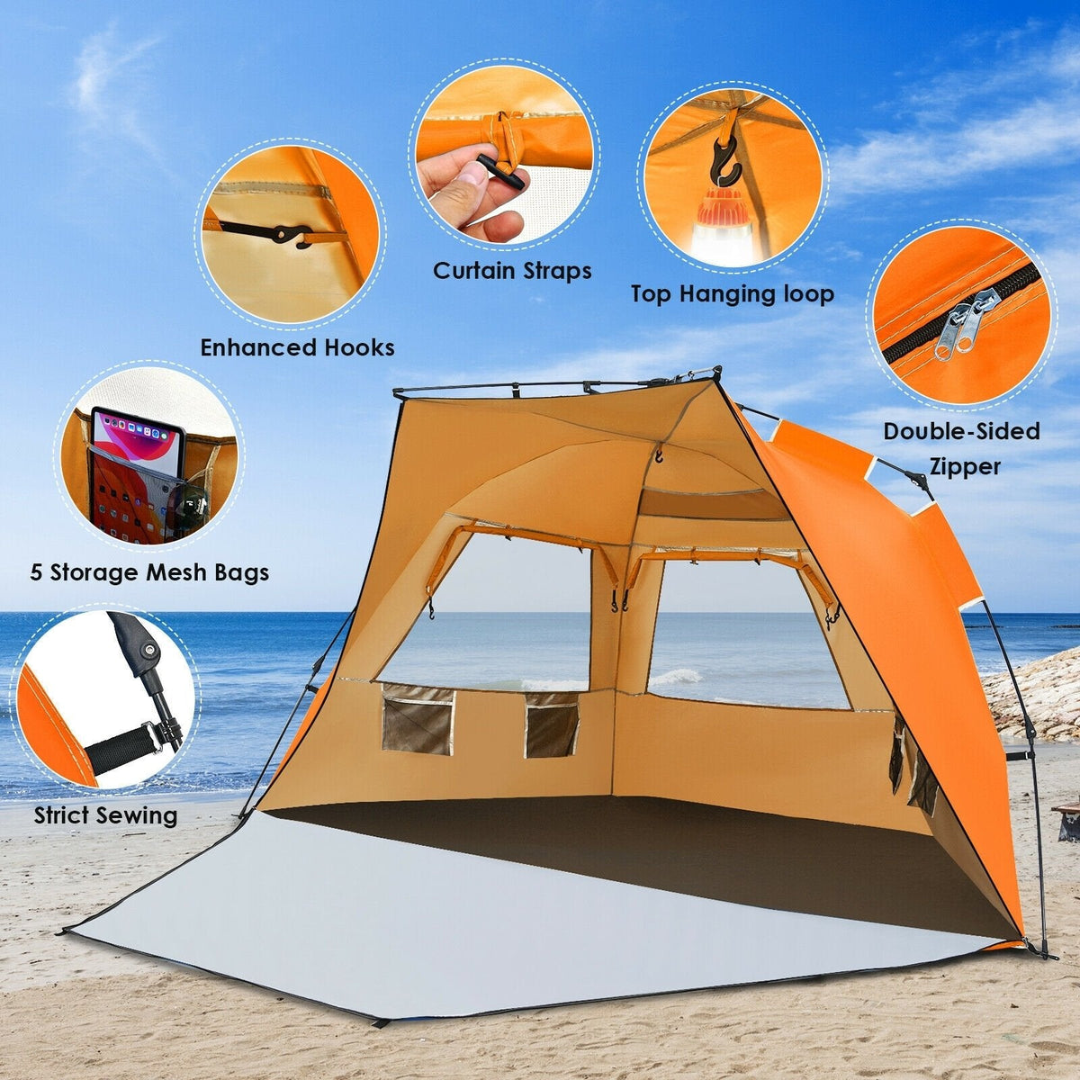 Tienda de playa fácil de montar, protección solar UPF 50+, portátil, para 3-4 personas - naranja