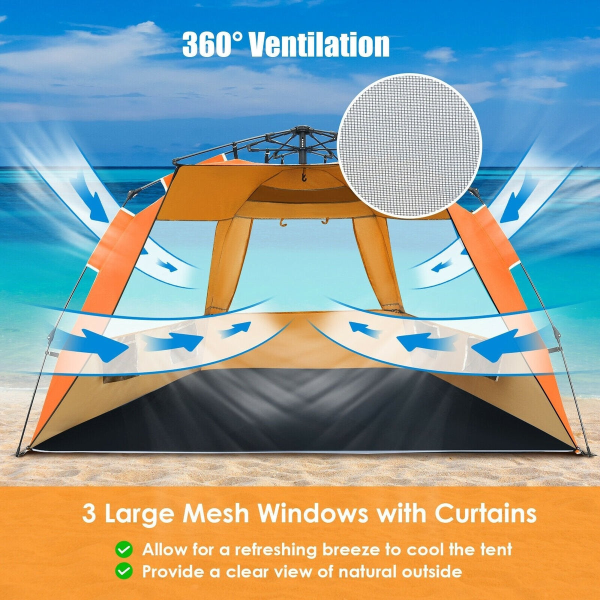 Tienda de playa fácil de montar, protección solar UPF 50+, portátil, para 3-4 personas - naranja