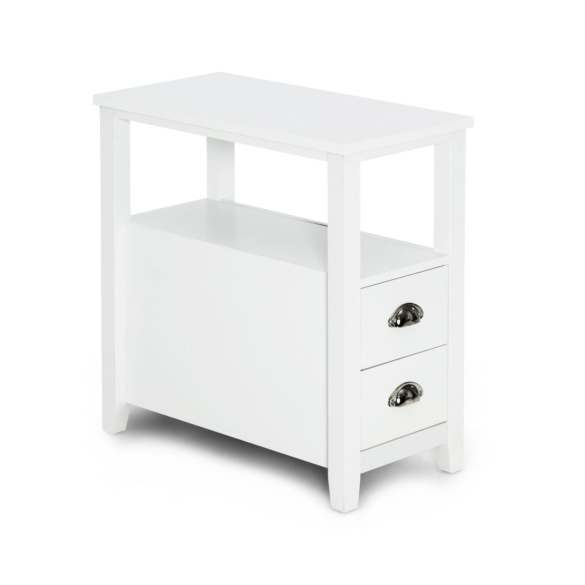 Mesa auxiliar estrecha y mesa de noche con 2 cajones y estante abierto, blanca