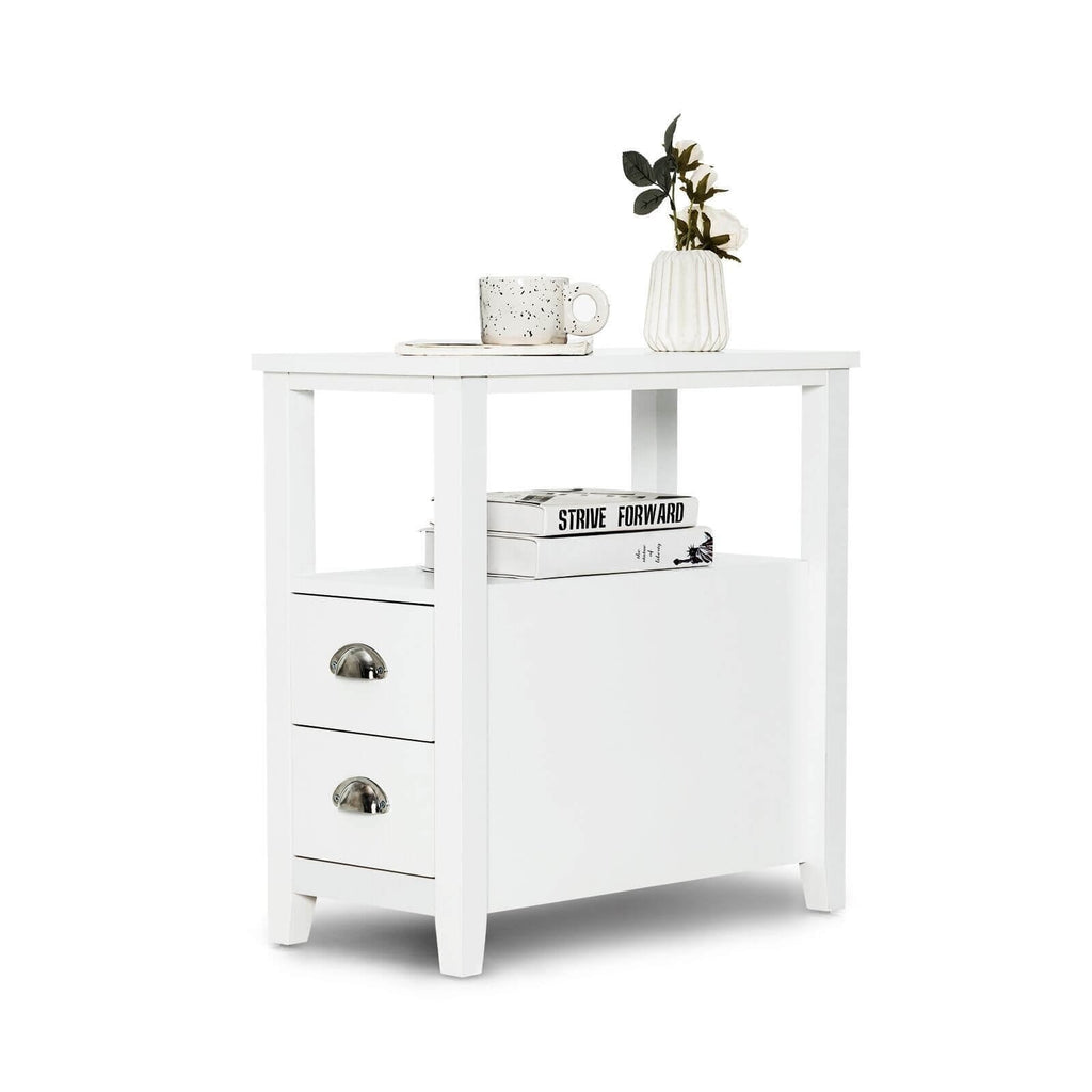 Mesa auxiliar estrecha y mesa de noche con 2 cajones y estante abierto, blanca